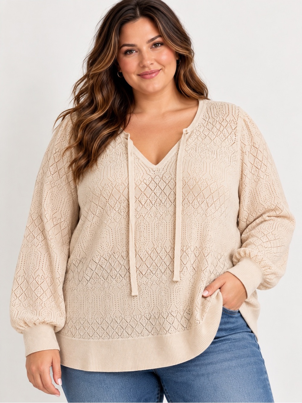 Torrid Size 3 Cream Pointelle Open Knit Tie Neck Sweater Boho Balloon Sleeve